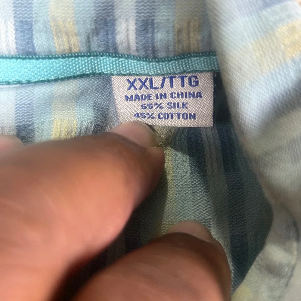 Tommy Bahama Mens XXL Blue Yellow Silk Cotton Textured Stripe Short Sleeve Shirt